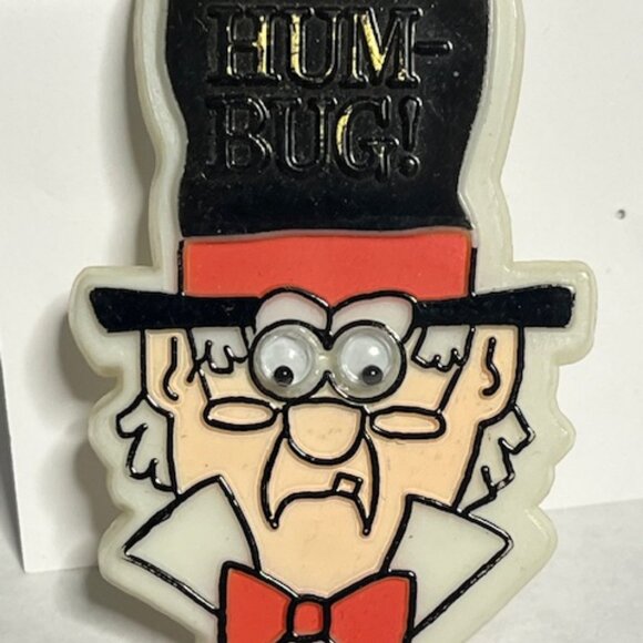 VTG Scrooge HUM-BUG! Googly Eyes Black Top Hat Spectacles Bow Tie Pin 1.5"x2.25" - Picture 6 of 12